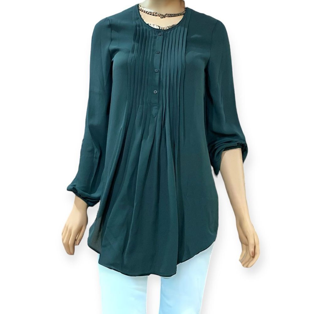 Dark Green Lightweight Pleated Tuxedo Blouse NEW